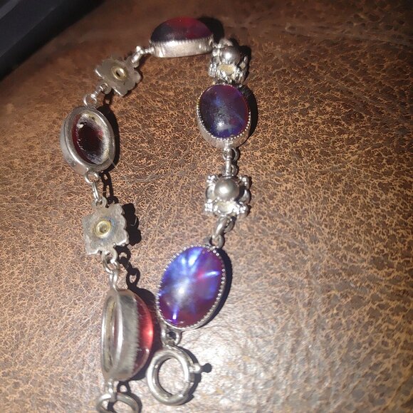 Vintage Bracelet Floral Silver Tone Oval Cabochons Red Blue Glass Star Stones - Picture 5 of 7
